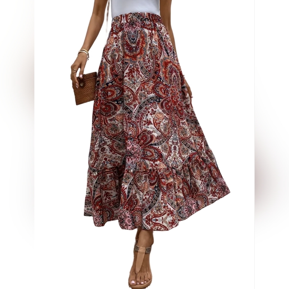 Paisley Skirt Maxi Red A-line Bohemian Lightweight Elastic Waist Sheered Skirt